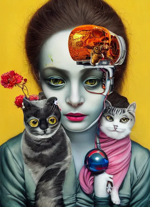 Prompt: beautiful portrait painting of a beautiful attractive woman with a cyborg cat, by Afarin Sajedi, Alessandro Barbucci, Alex Gross, Shin Jeongho, Shohei Otomo. trending on Artstation, 8k, masterpiece, face enhance, graffiti paint, fine detail, full of color, intricate detail, golden ratio illustration