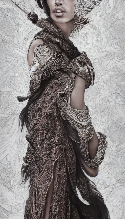 Image similar to adriana lima, traditional chinese clothing, fame of thrones, fibonacci, sweat drops, intricate fashion clothing, insane, intricate, highly detailed, surrealistic, digital painting, artstation, concept art, smooth, sharp focus, illustration, unreal engine 5, 8 k, art by artgerm and greg rutkowski and alphonse mucha