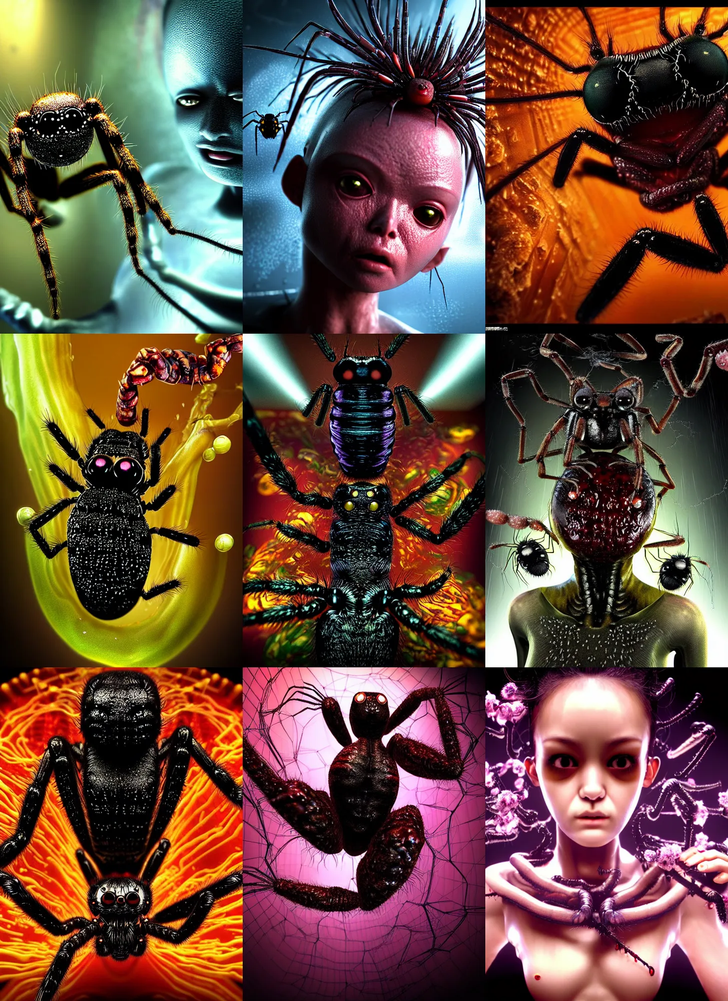 Prompt: hyper detailed 3d render like a dark Oil painting - kawaii screenshot from new matrix movie bullet time (a jumping-spider blonde headed shiny standing profile lithe adorable borg queen cenobite cinematic practical effects) seen Eating of the Strangling network of (amber juices) and milky Fruit wearing spidersilk dress and Her delicate pedipalps hold of gossamer polyp blossoms bring iridescent Cronenberg fungal flowers whose spores black the foolish stars by Jacek Yerka, Ilya Kuvshinov, Glenn Barr, Mariusz Lewandowski, Houdini algorithmic generative render, Abstract brush strokes, Masterpiece, Edward Hopper and James Gilleard, Zdzislaw Beksinski, Mark Ryden, Wolfgang Lettl, hints of Yayoi Kasuma, octane render, 8k