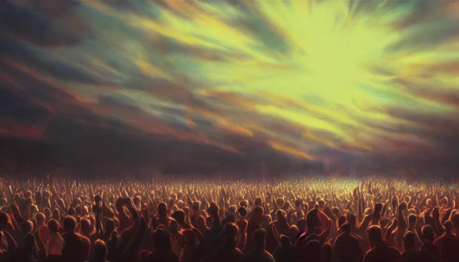 Image similar to painting of a crowd with raised arms pointing towards a glowing sky, volumetric lighting, nasty, hyperdetailed, realistic