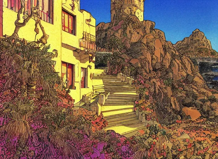 Image similar to Gran Canaria at the style of Moebius, fine details