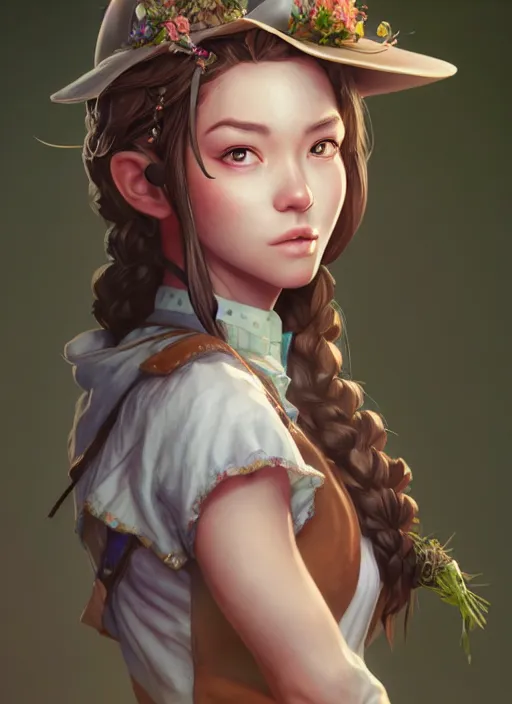 Prompt: full body portrait of a magical farmer girl. detailed face, concept art, intricate, highly detailed 8 k, smooth, sharp focus, beautiful and aesthetic shape of face and body, artgerm, artstation, art by zexi guo and nira and junpei suzuki and gharliera and rinotuna