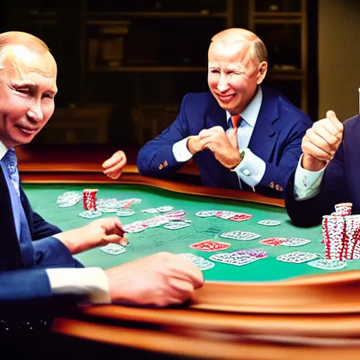 Image similar to UHD candid color photo of Putin, Klaus Schwab, and Biden playing poker, accurate faces, UHD, photorealistic, correct face, photo by Annie Leibowitz