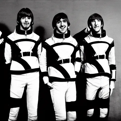 Image similar to the beatles as astronauts, black and white photo, high quality, epic, cinematic, heroes