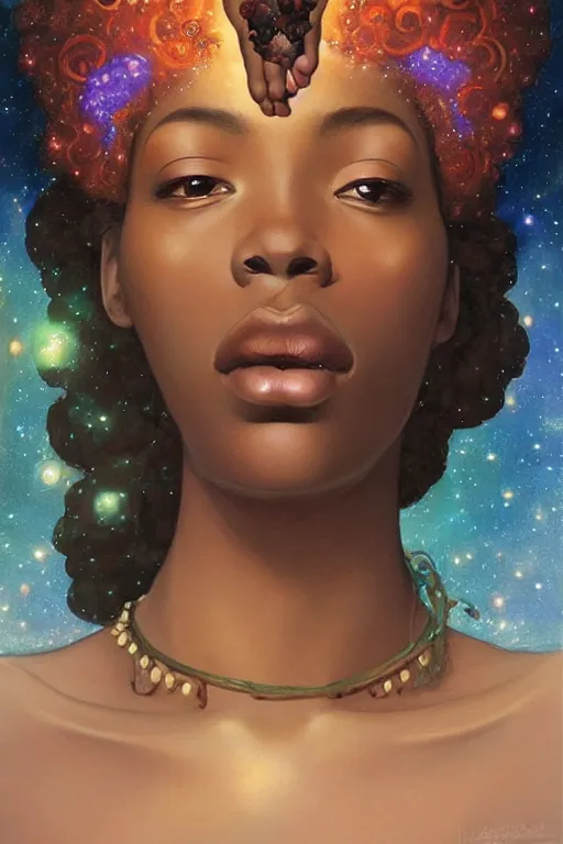 Prompt: beautiful black girl magic, nature goddess with brown skin in front of nebulae bursting halos, crisp digital painting by artgerm by mucha by caravaggio and face by wlop