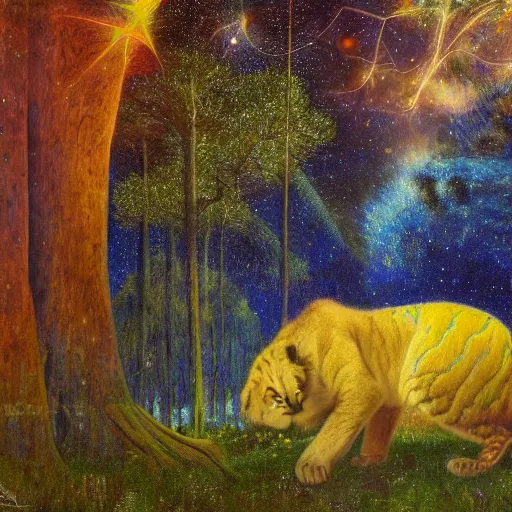 Image similar to psychedelic big cats hidden lush pine forest, outer space, milky way, designed by arnold bocklin, jules bastien - lepage, tarsila do amaral, wayne barlowe and gustave baumann, cheval michael, trending on artstation, star, sharp focus, colorful refracted sparkles and lines, soft light, 8 k 4 k