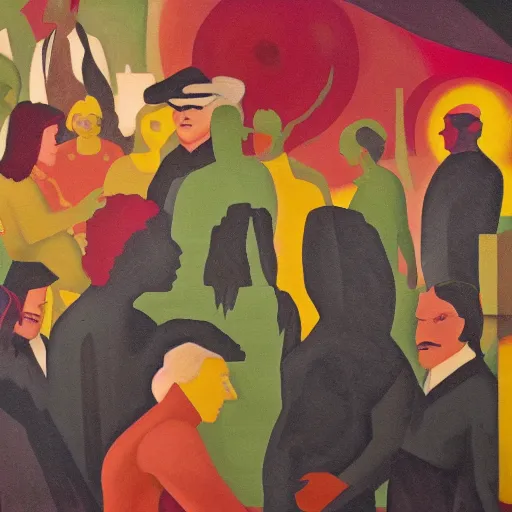 Image similar to oil on masonite painting by aaron douglas of a psychedelic conference of scientists / professors / researchers, high detail