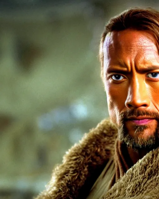 Image similar to Film still close-up shot of Dwayne Johnson as Obi-Wan Kenobi from the movie Return of the Jedi. Photographic, photography