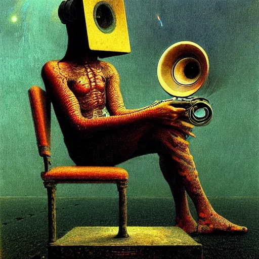 Prompt: by Beksinski , cyborg sitting Infront, snake getting into gramophone, high quality image, denoise