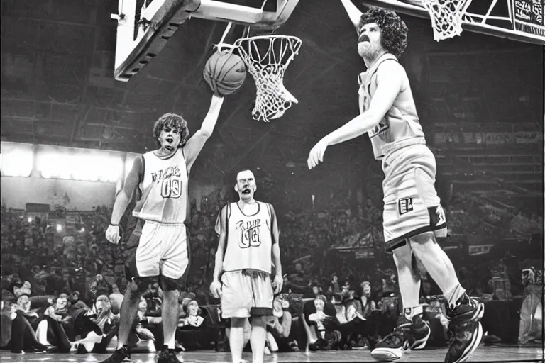 Image similar to peter dinklage dunking a basketball nba slam dunk contest 1 9 9 8, in the style of eugene atget and peter witkin