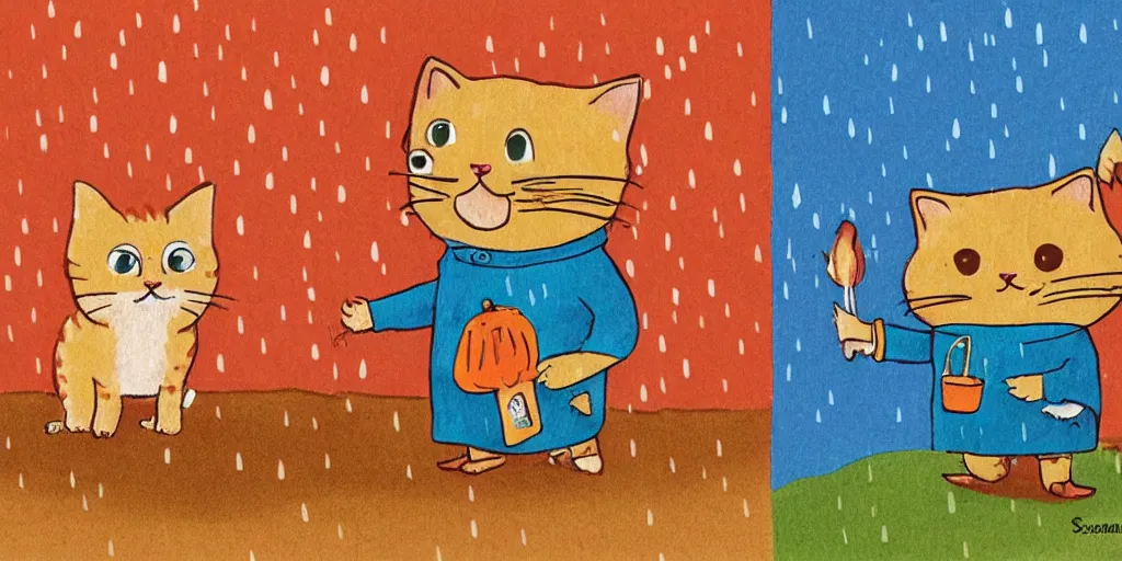 Image similar to a beard man and an orange tabby kitten standing in the rain by richard scarry