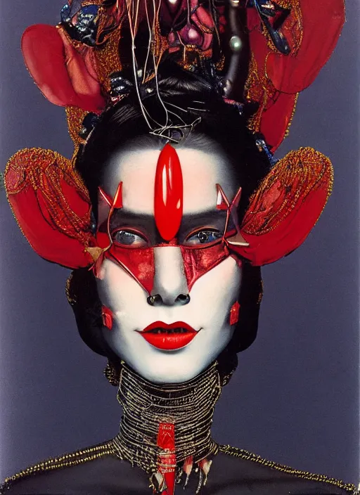 Image similar to an 8 0 s portrait of a woman with dark eye - shadow and red lips with dark slicked back hair, a mask made of wire and beads, dreaming acid - fueled hallucinations, psychedelic by serge lutens, rolf armstrong, delphin enjolras, peter elson, red cloth background, frilled blooming collar