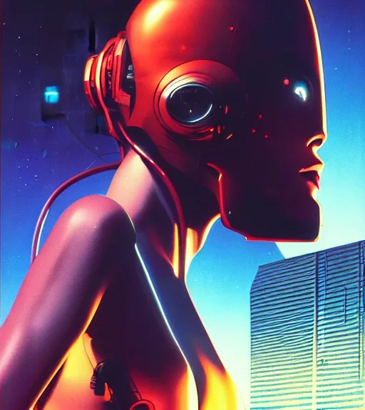 Image similar to cable plugged in, side of head, very very beautiful woman, cyberdeck computer terminal, street level night city, 1 9 7 9 omni magazine cover, style by vincent di fate, artgerm, cyberpunk 2 0 7 7, very coherent, detailed, 4 k resolution, unreal engine, daz