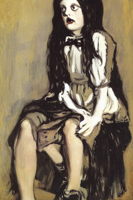 Image similar to portrait of a crying wednesday addams by walter sickert, john singer sargent, and william open