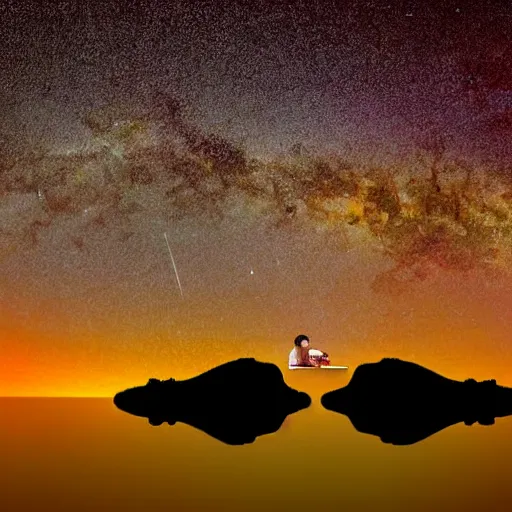 Prompt: two guys peeing in a lake while looking up at the night sky, milky way is clearly visible and reflected on the lake, the camera is behind them, digital art - n4