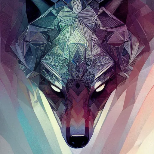 Image similar to Geometric Wolf, intricate, elegant, highly detailed, digital painting, artstation, concept art, smooth, sharp focus, illustration, art by artgerm and greg rutkowski and alphonse mucha