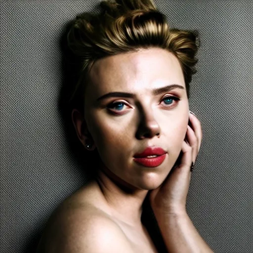 Image similar to beautiful portrait photo of Scarlett Johansson, 85mm, white studio backdrop. She is bending over to pick something important up. you cannot see her face in the image.