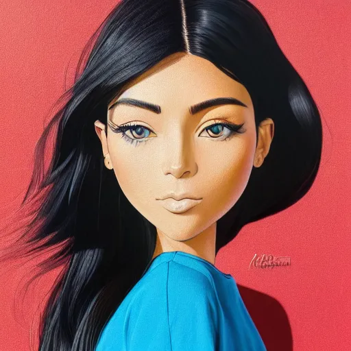 Prompt: full body cartoon render painting of a strikingly gorgeous assiniboine and mandan kim kardashian with blue eyes and long dark brown hair, wearing a black crew neck tshirt, outside urban background, rossdraws, studio ghibli, norman rockwell, emiliano ponzi, epic composition, hd, octane, unreal engine, volumetric lighting, light rays, masterpiece, award - winning