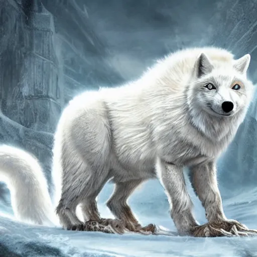 Image similar to angry devil white polar fox with sharp teeth wearing medieval armor presented as god of destruction, ice and fire, postapocalyptic world, hyperrealistic, highly detailed