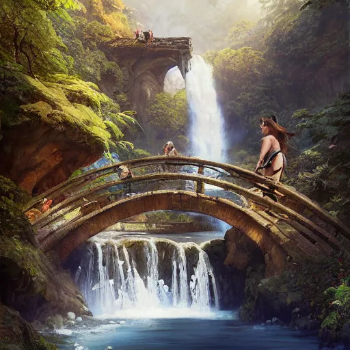 Image similar to A beautiful digital painting stone footbridge, waterfall, lovely valley by Stanley Artgerm Lau, frank frazetta, Rossdraws, James Jean, gerald brom, Andrei Riabovitchev, Marc Simonetti, and Sakimichan, trending on artstation