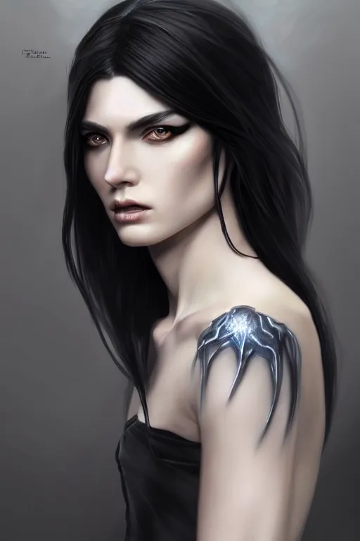 Image similar to ultra realistic style illustration of an androgynous gorgeous witch with shoulder length black hair pale skin and beautiful eyes, headshot, sci - fi, fantasy, intricate, elegant, highly detailed, digital painting, artstation, concept art, smooth, sharp focus, illustration, 8 k frostbite 3 engine, ultra detailed