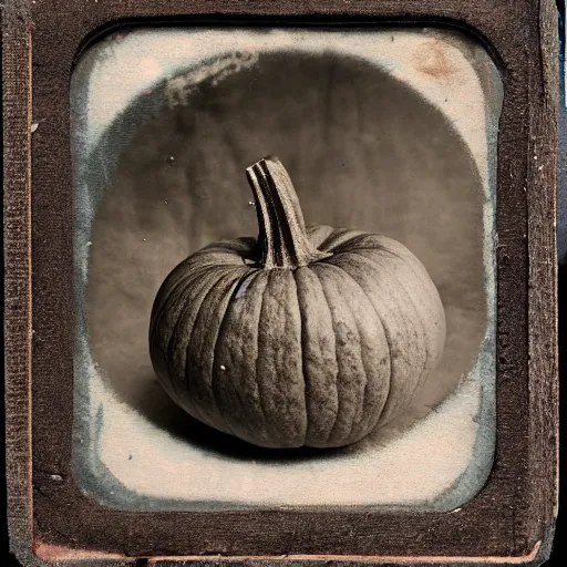 Prompt: tintype photo of rotting pumpkin