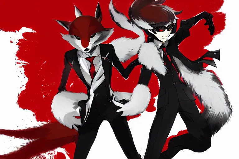 Prompt: a furry tan fox on a persona 5 : royal ( by atlus ) video game splash screen, a furry male sandcolored tan fox fursona ( has hair ), persona 5 phantom thief style