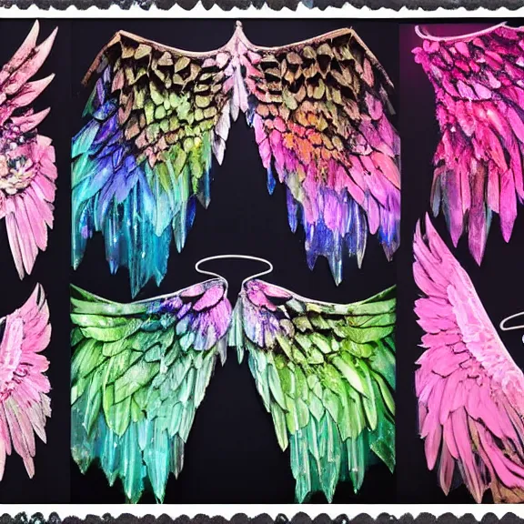 Image similar to crystal wings, waporwave polaroid, metal acid deep colors, fallen angel of death, love broken