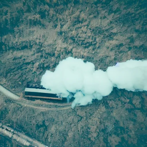 Image similar to a damaged train travelling through a wasteland while a cloud of ghosts is chasing it from behind, bird eye view