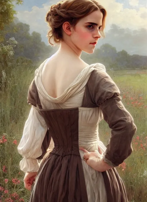 Image similar to full length portrait emma watson as 17th century country girl, shining, 8k highly detailed, sharp focus, illustration, art by artgerm, mucha, bouguereau