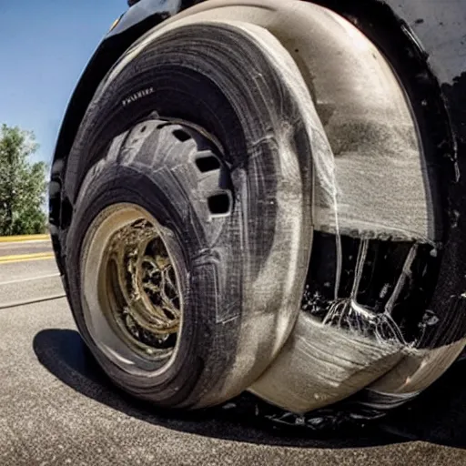 Image similar to overinflated tires, tires about to explode, bloated, translucent, see - through, thin rubber, fragile, huge, large, gigantic