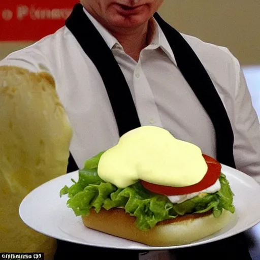 Image similar to Vladimir Putin, slathered in mayonnaise On a bed of lettuce and tomato between a bread bun