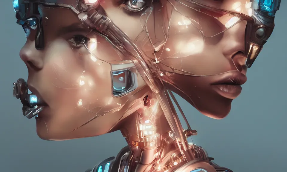 Image similar to portrait of beautiful girl with robot body, close up, portrait, cinematic, elegant, artstation, intricate, highly detailed, digital painting, artstation, concept art, sharp focus, illustration, cyberpunk, cgsociety, 8 k