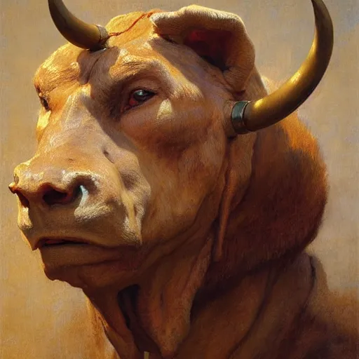 Image similar to a portrait of an anthromorphic bullman. highly detailed painting by gaston bussiere, craig mullins, j. c. leyendecker, furry