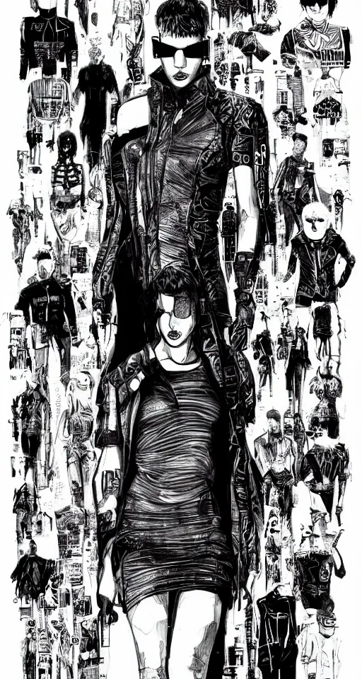 Prompt: full body cypherpunk fashion illustration, one central figure surrounded by others, portrait, blade runner 2 0 4 9 manual, by steampoweredmikej, by tim bradstreet, inktober, ink drawing, black and white, coloring pages, manga, highly detailed