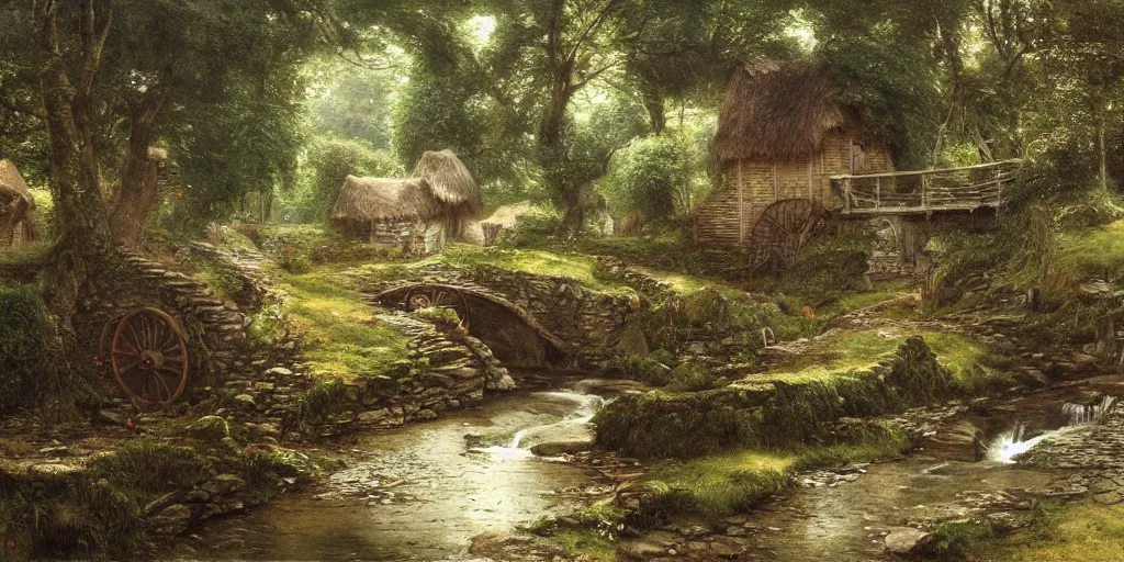 Prompt: a small serene fantasy village on the edge of the woods, small stream, water wheel, by alan lee, lord of the rings, smooth, detailed terrain, oil painting, matte painting, concept art, trending on artstation