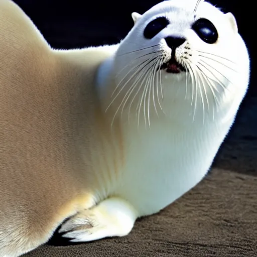 Prompt: photo of a harp seal with the face of a cat