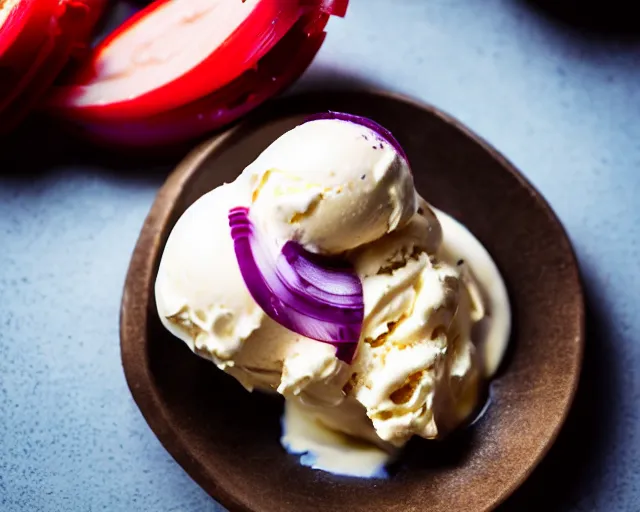 Image similar to dslr food photograph of vanilla ice cream with red onion and ketchup, 8 5 mm f 1. 4