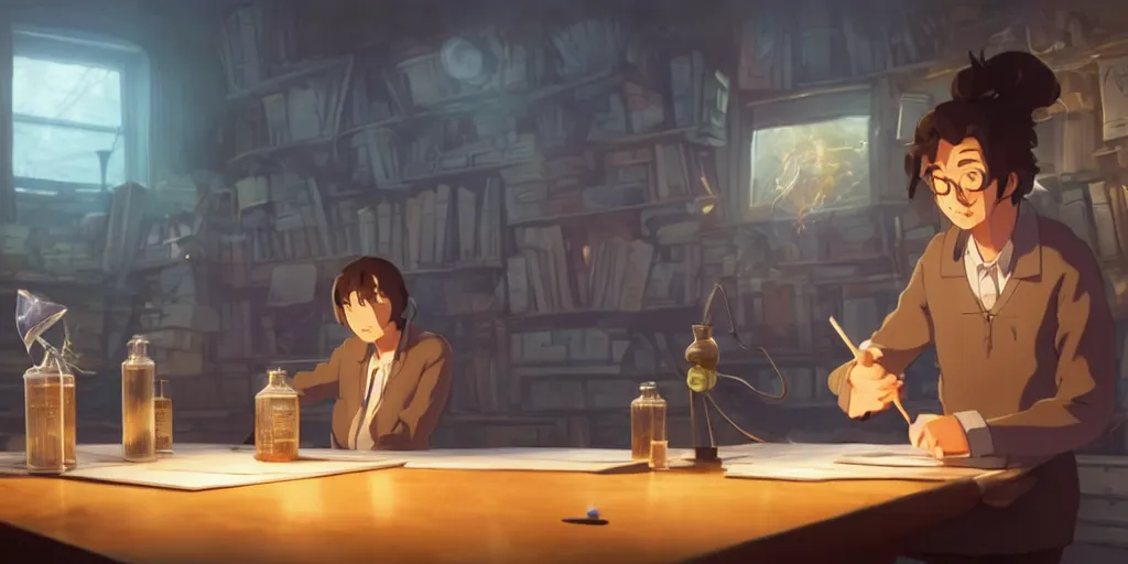 Image similar to a wizard with brown hair is standing at his desk working with jars of liquids, beakers of bubbling potions, coherent, medium shot, waist up, studio ghibli, pixar and disney animation, sharp, rendered in unreal engine 5, anime key art by greg rutkowski, bloom, dramatic lighting