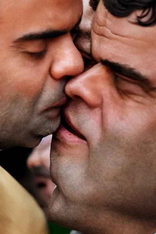 Image similar to narendra modi kissing rahul gandhi, closeup, india, detailed, photography alexey kurylev, cinematic