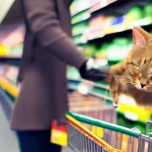 Image similar to a cat shopping for groceries at a supermarket, photorealistic, high detail