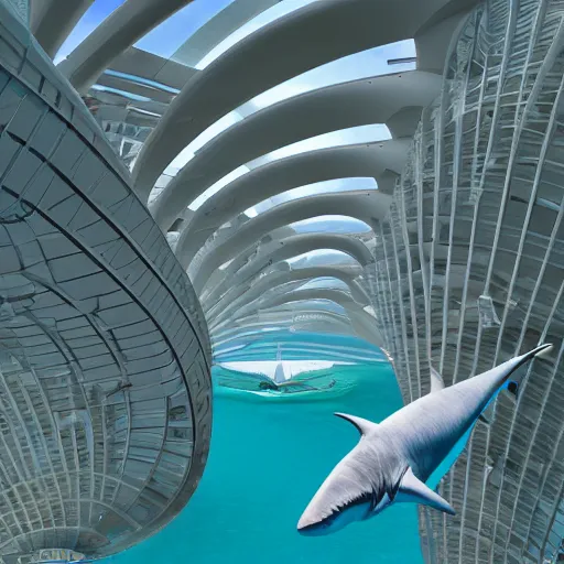 Image similar to santiago calatrava design ; a beautiful hyperrealistic ultradetailed 3 d render of an shark shaped museum in the city, by brian sum and stephen martiniere and antonio manzanedo. mech, unreal engine, octane render, pbr, 3 d, brilliantly colored, intricate, wide angle, volumetric lighting, polished, path tracing,