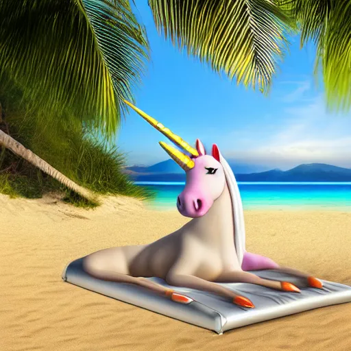 Image similar to a photograph of a real unicorn on a sun bed at the beach, photorealistic, highly detailed, 4k, hd