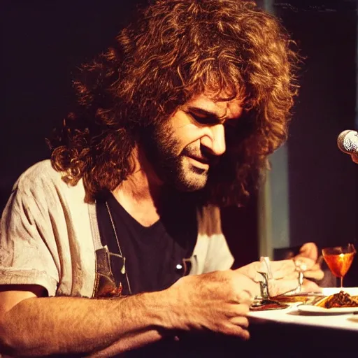 Image similar to Pat Metheny having dinner with Jesus Christ at a Mexican restaurant, highly detailed, high resolution, HD, cinematic