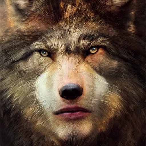 Prompt: half wolf half human hit intricate skin, fur, silicone cover, elegant, peaceful, full body, hyper realistic, extremely detailed, dnd character art portrait, fantasy art, intricate fantasy painting, dramatic lighting, vivid colors, deviant art, artstation, by edgar maxence and caravaggio and michael whelan and delacroix