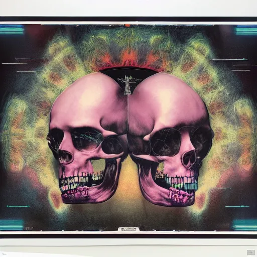 Image similar to photograph of a pastel screen print on thick paper of album artwork for the band TOOL designed by Ash Thorp and Nychos. No skulls.