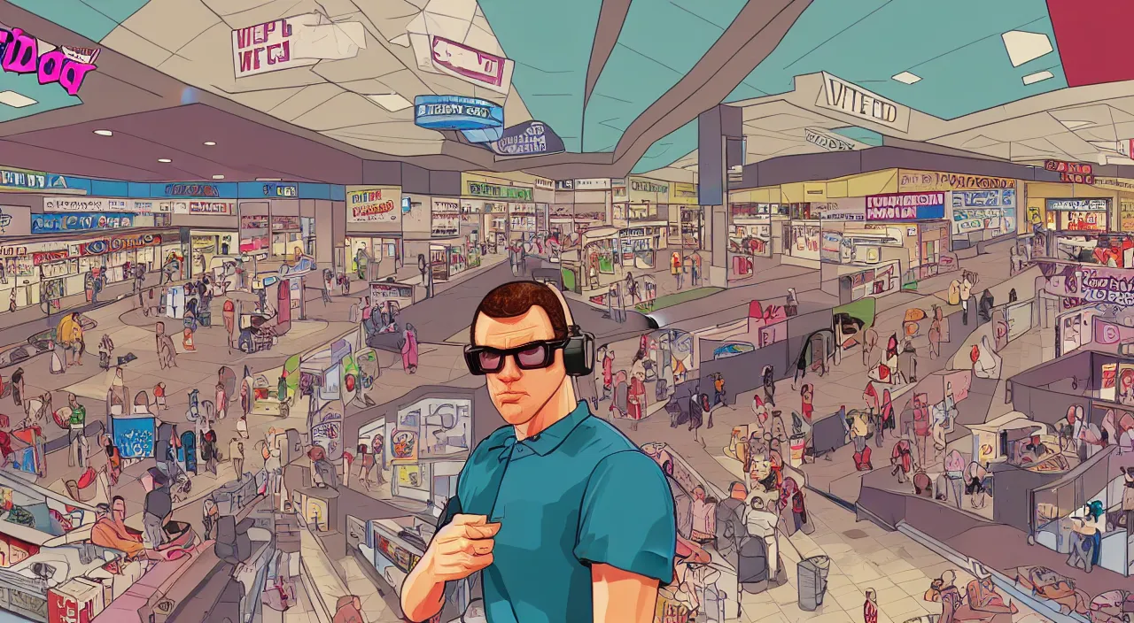 Image similar to GTA V illustration of 1980s nerdy white teenager on the cover of GTA V, in the food court of a 1980s shopping mall, wide angle lens, close up shot