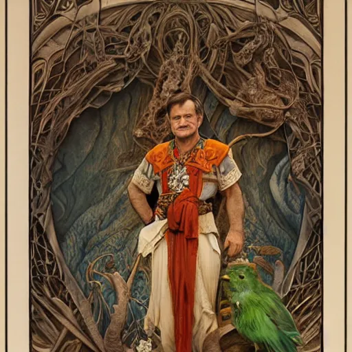 Prompt: an ultradetailed portrait of robin williams dressed as an djinn druid, standing heroically on top of a cliff, d & d, fantasy, intricate, elegant, highly detailed, digital painting, matte, sharp focus, illustration, god rays, art by john collier and albert aublet and krenz cushart and artem demura and alphonse mucha