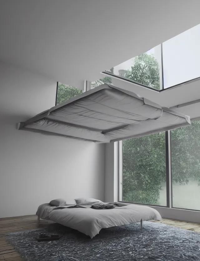 Image similar to an ultra wide angle photo of a floating bed hovering above the floor in the middle of a giant tesselating bedroom with windows opening to other worlds, photorealistic, octane render, recursive!!!!, flowing, cascading, multiverse!!!!!!, labyrinthine