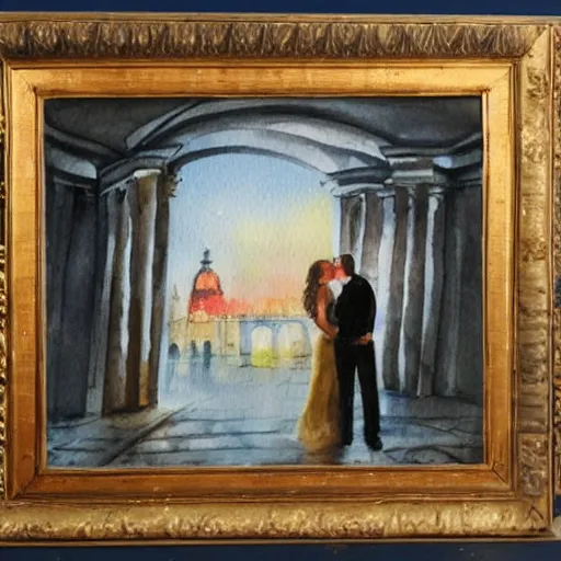 Prompt: a romantic scene with huging couple in saint - petersburg, aquarelle art